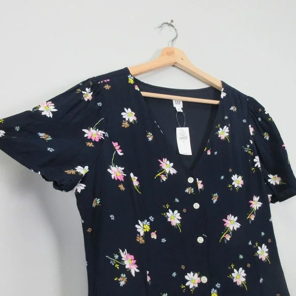 GAP Women's Navy Floral Print Button Front Midi Dress Size 12 - Picture 2 of 13